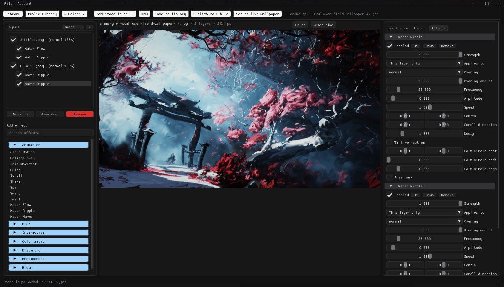 Aurora Engine editor with live wallpaper preview, layers, and effects
